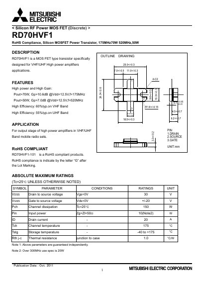 Mitsubishi Electric RD70HVF1 Silicon RF Power MOSFET Datasheet - cover page