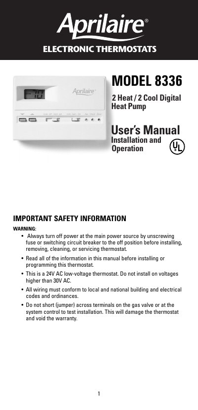 Aprilaire Model 8336 Heat Pump Thermostat User's Manual - cover page
