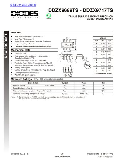 Diodes Incorporated DDZX9689TS-DDZX9717TS Triple Surface Mount Precision Zener Diode Array Datasheet - cover page