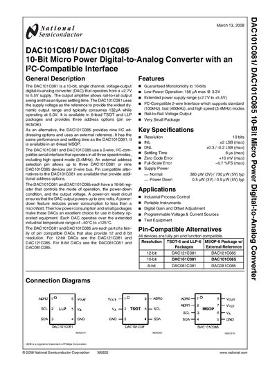 National Semiconductor DAC101C081/DAC101C085 10‑Bit Micro Power Digital‑to‑Analog Converter Datasheet - cover page