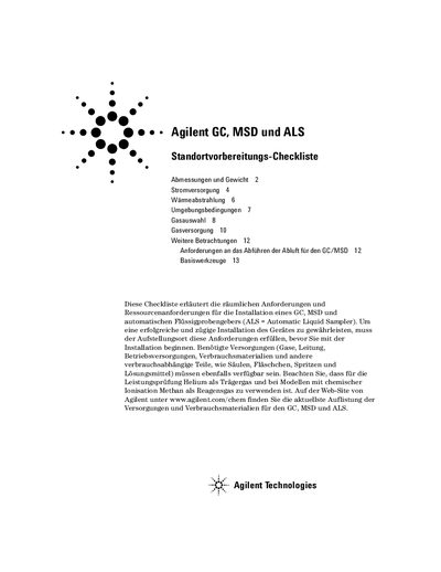 Agilent GC MSD ALS Site Preparation Checklist - cover page