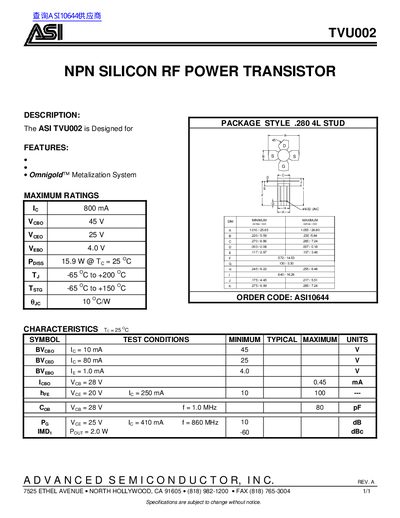 ASI TVU002 NPN Silicon RF Power Transistor Datasheet - cover page