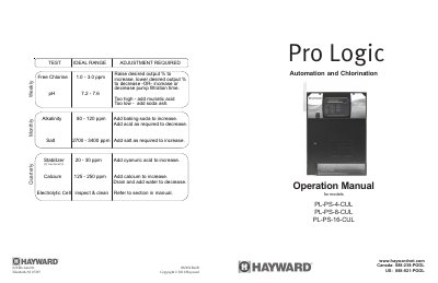 Hayward Pro Logic Operation Manual for models PL-PS-4-CUL PL-PS-8-CUL PL-PS-16-CUL - cover page