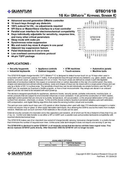 Quantum QT60161B QMatrix Sensor IC Advanced Second Generation Controller Manual - cover page
