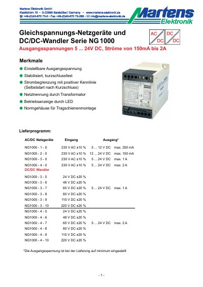 Martens Elektronik NG 1000 Series DC Power Supply Data Sheet - cover page