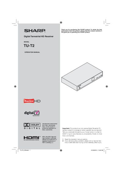 Sharp TU-T2 Digital Terrestrial HD Receiver Operation Manual - cover page
