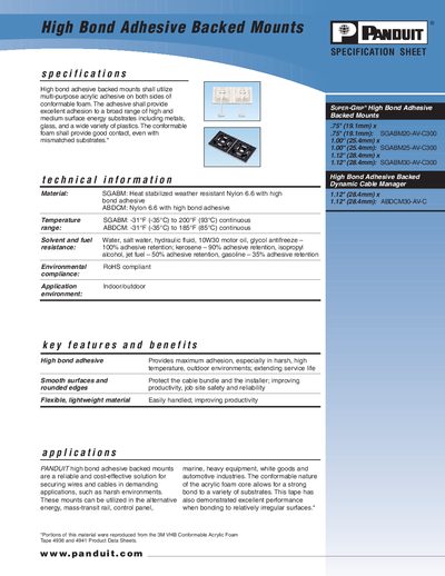 Panduit High Bond Adhesive Backed Mounts Datasheet - cover page