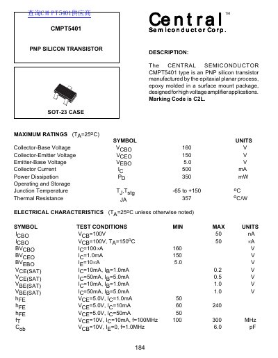 Central Semiconductor CMPT5401 PNP Silicon Transistor Datasheet - cover page