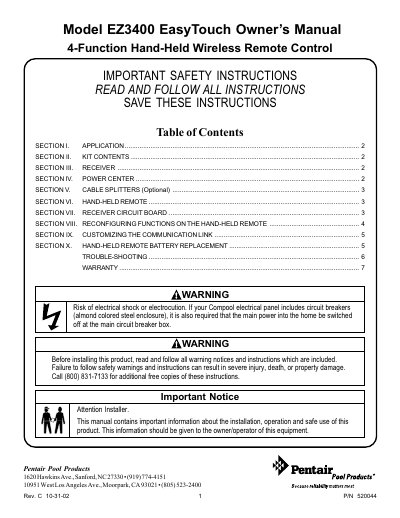 Pentair EZ3400 EasyTouch Owner's Manual - cover page