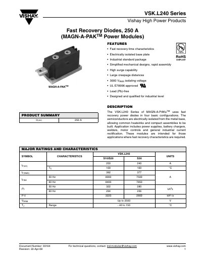 Vishay VSK.L240 Series Fast Recovery Diodes 250 A MAGN‑APA‑KTM Power Modules Datasheet - cover page