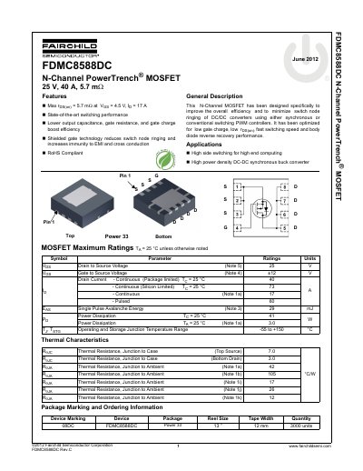 Fairchild FDMC8588DC N-Channel MOSFET Datasheet - cover page