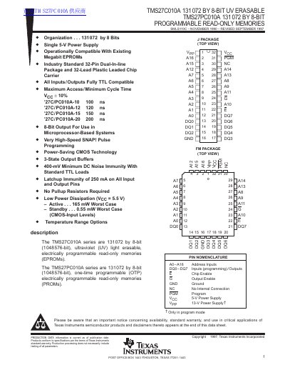 Texas Instruments TMS27C010A/TMS27PC010A 131072x8-Bit EPROM/PROM Datasheet - cover page