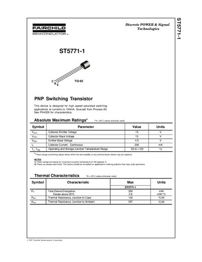 Fairchild ST5771-1 PNP Switching Transistor Datasheet - cover page