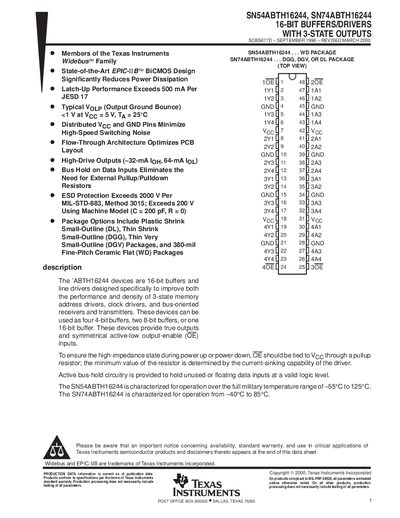 Texas Instruments SN54ABTH16244 / SN74ABTH16244 16‑Bit Buffer/Driver Datasheet - cover page