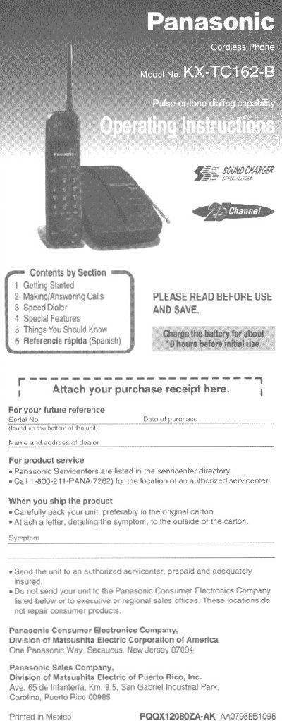 Panasonic KX-TC162-B Cordless Phone User Manual - cover page