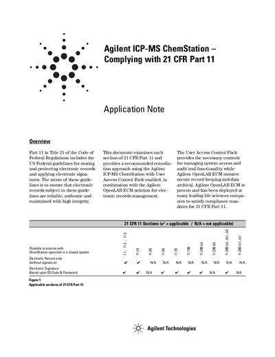 Agilent ICP-MS ChemStation 21 CFR Part 11 Compliance Application Note - cover page