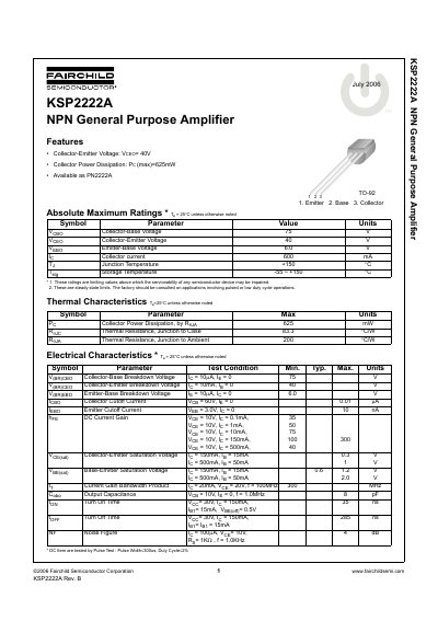 Fairchild Semiconductor KSP2222A NPN General Purpose Amplifier Datasheet - cover page