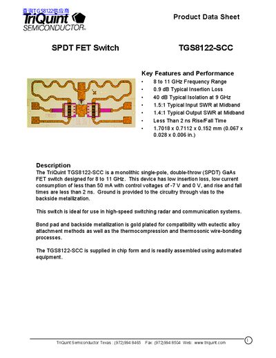 TriQuint TGS8122-SCC SPDT FET Switch Product Data Sheet - cover page