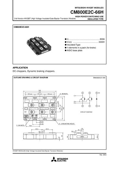 Mitsubishi Electric CM800E2C-66H HVIGBT Module Datasheet - cover page