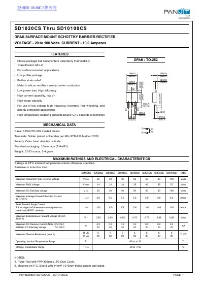 PANJIT SD1020CS Thru SD10100CS DPAK Surface Mount Schottky Barrier Rectifier Datasheet - cover page