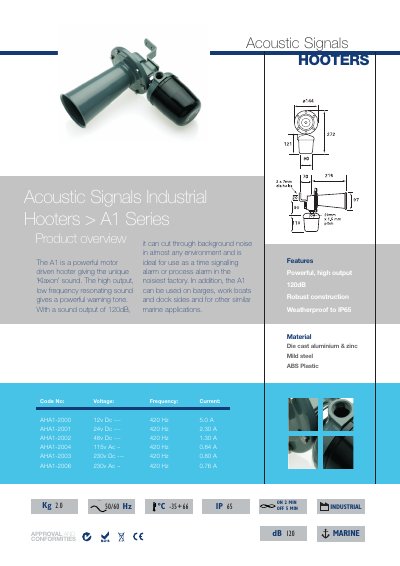 Acoustic Signals A1 Series Industrial Hooter Product Data Sheet - cover page