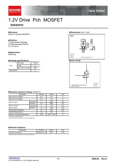 ROHM RZE002P02 P-Channel MOSFET Datasheet - cover page
