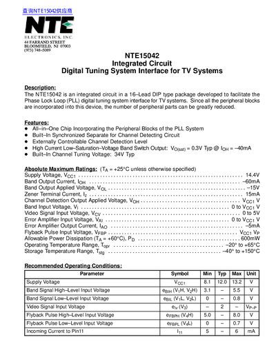 NTE NTE15042 Integrated Circuit Digital Tuning System Interface Datasheet - cover page