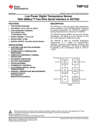 Texas Instruments TMP102 Low Power Digital Temperature Sensor Datasheet - cover page