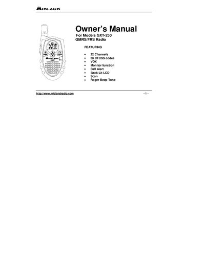 Midland GXT-250 GMRS/FRS Radio Owner's Manual - cover page