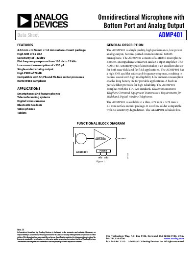 Analog Devices ADMP401 MEMS Microphone Data Sheet - cover page