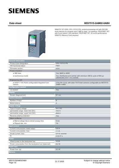 Siemens SIMATIC S7-1500 CPU 1515-2 PN Data Sheet - cover page