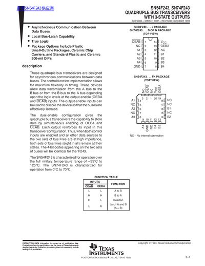 Texas Instruments SN54F243 / SN74F243 Quadruple Bus Transceivers 3-State Outputs Datasheet - cover page
