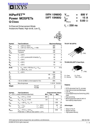 IXYS IXFH/IXFT 15N80Q Power MOSFET Datasheet