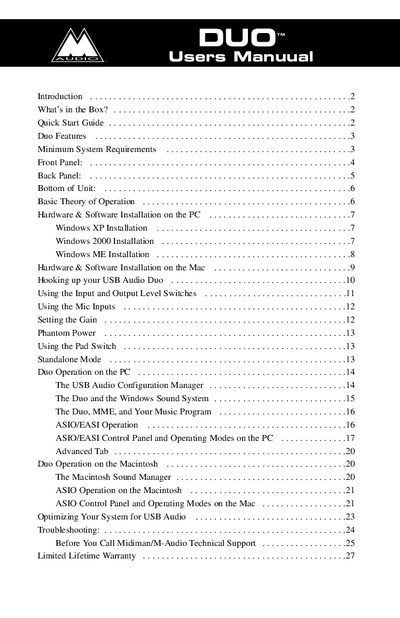M-Audio Duo USB Audio Interface User Manual - cover page