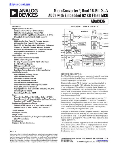 Analog Devices ADuC836 MicroConverter Dual 16-Bit ADCs with Embedded Flash MCU Datasheet - cover page