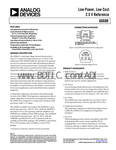 Analog Devices AD680 2.5 V Reference Datasheet - cover page