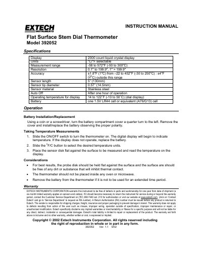 Extech Model 392052 Flat Surface Stem Dial Thermometer Instruction Manual - cover page