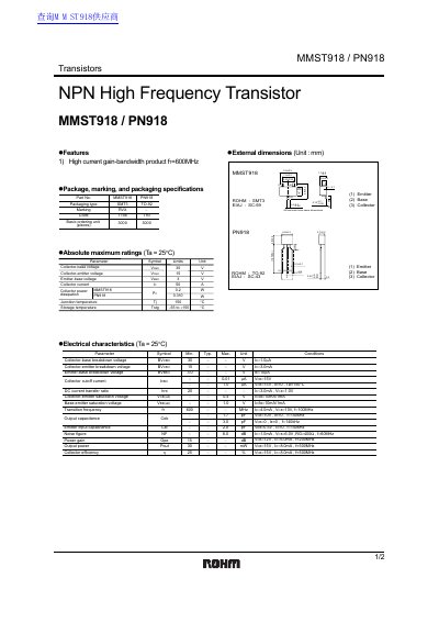 ROHM MMST918/PN918 NPN High Frequency Transistor Datasheet - cover page