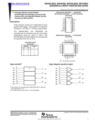Texas Instruments SN54ALS02A/SN54AS02/SN74ALS02A/SN74AS02 Quadruple 2-Input Positive-NOR Gates Datasheet