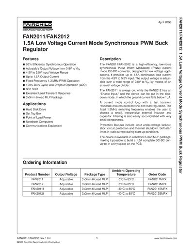 Fairchild FAN2011/FAN2012 1.5A Low Voltage Current Mode Synchronous PWM Buck Regulator Datasheet - cover page