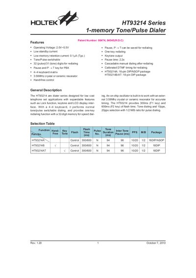 HOLTEK HT93214 Series 1-memory Tone/Pulse Dialer Manual - cover page
