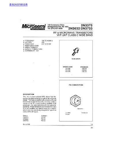Microsemi 2N2275 Data Sheet - cover page