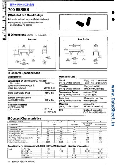 HAMLIN 700 SERIES Dual-In-Line Reed Relays Catalog - cover page
