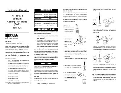 Hanna Instruments HI 38078 Sodium Adsorption Ratio Test Kit Instruction Manual - cover page