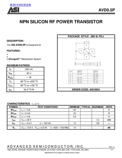 ASI AVD0.5P NPN Silicon RF Power Transistor Datasheet - cover page