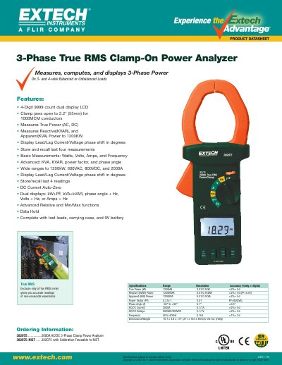EXTECH 3-Phase True RMS Clamp-On Power Analyzer Datasheet - cover page