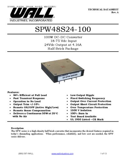 WALL SPW48S24-100 100W DC-DC Converter 18-75 Vdc Input 24Vdc Output at 4.16A Half-Brick Package Manual - cover page