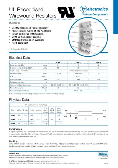 Welwyn ULW Series Wirewound Resistors Datasheet - cover page