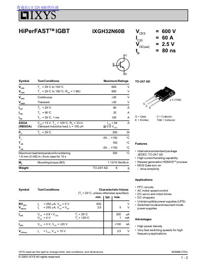 IXYS IXGH32N60B HiPerFAST IGBT Datasheet - cover page