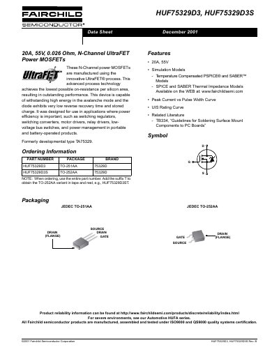 Fairchild HUF75329D3/HUF75329D3S 20A Power MOSFET Datasheet - cover page